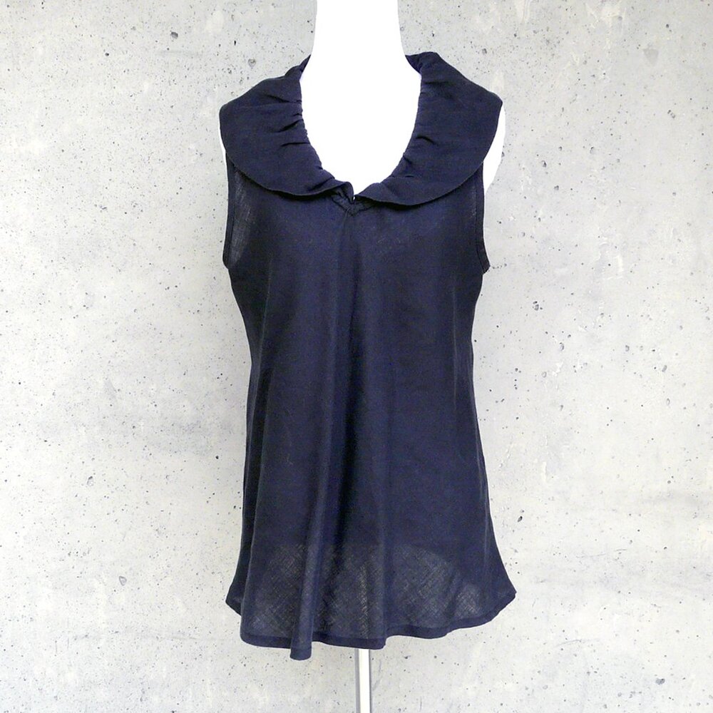 FLAX brand sleeveless linen shirt / tank w/ collar, black, bias cut, small